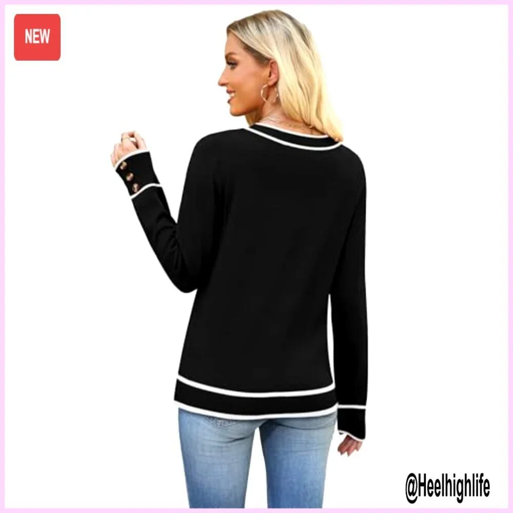 Lightweight V-Neck Pullover Sweater with Decorative Button Cuffs